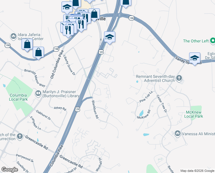 map of restaurants, bars, coffee shops, grocery stores, and more near 3846 Cullingworth Road in Burtonsville