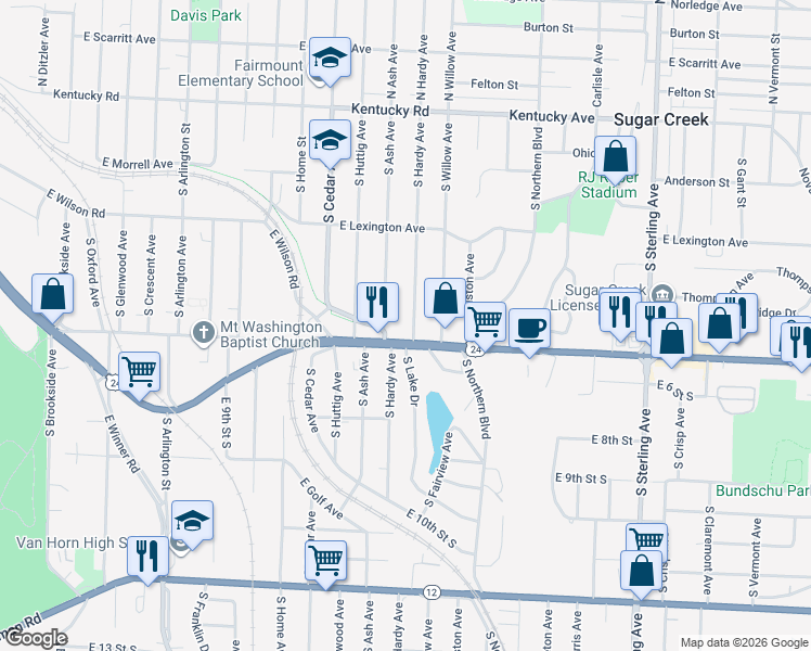 map of restaurants, bars, coffee shops, grocery stores, and more near 552 South Hardy Avenue in Independence