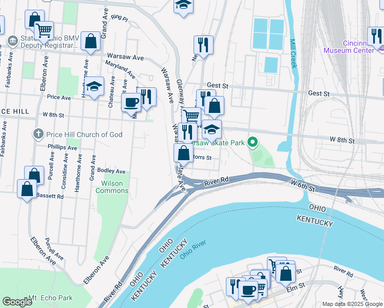 map of restaurants, bars, coffee shops, grocery stores, and more near 705 Neave Street in Cincinnati