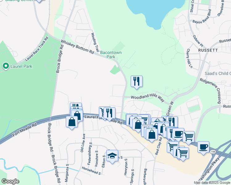 map of restaurants, bars, coffee shops, grocery stores, and more near 3599 Laurel View Court in Laurel