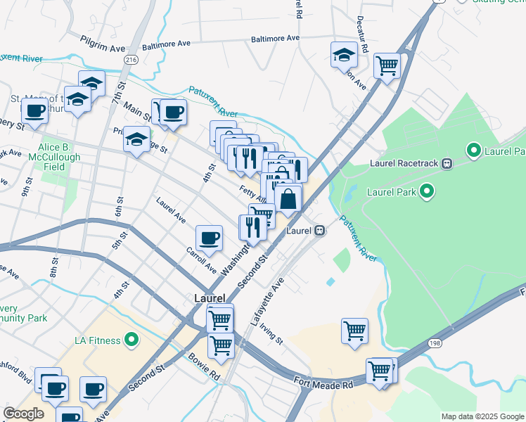 map of restaurants, bars, coffee shops, grocery stores, and more near 305 Prince George Street in Laurel