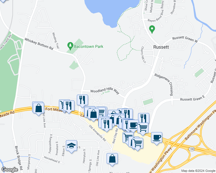 map of restaurants, bars, coffee shops, grocery stores, and more near 3601 Chase Hills Drive in Laurel