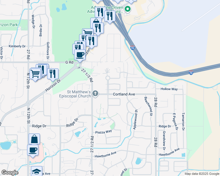 map of restaurants, bars, coffee shops, grocery stores, and more near 2298 South Seville Circle in Grand Junction