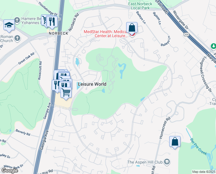 map of restaurants, bars, coffee shops, grocery stores, and more near 15101 Interlachen Drive in Silver Spring