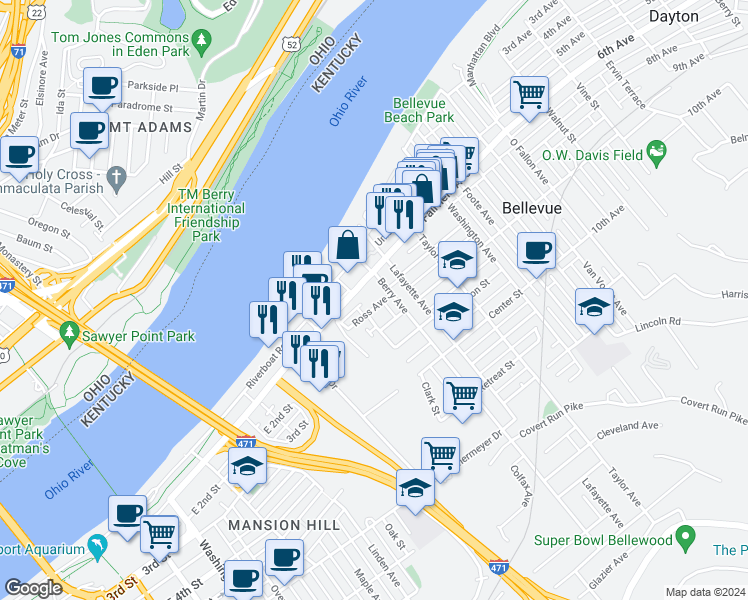 map of restaurants, bars, coffee shops, grocery stores, and more near 144 Fairfield Avenue in Bellevue