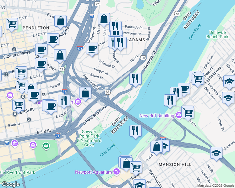 map of restaurants, bars, coffee shops, grocery stores, and more near 273 Kilgour Street in Cincinnati