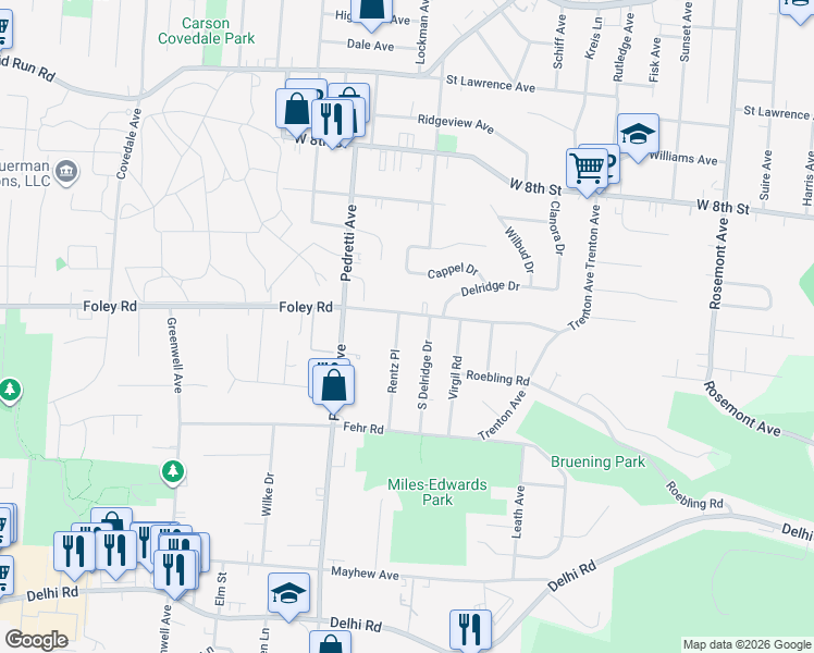map of restaurants, bars, coffee shops, grocery stores, and more near 4447 Foley Road in Cincinnati