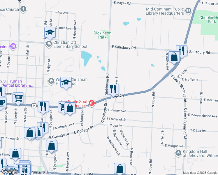map of restaurants, bars, coffee shops, grocery stores, and more near 1216 Broadway Street in Independence