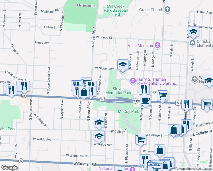 map of restaurants, bars, coffee shops, grocery stores, and more near 1112 North Union Street in Independence