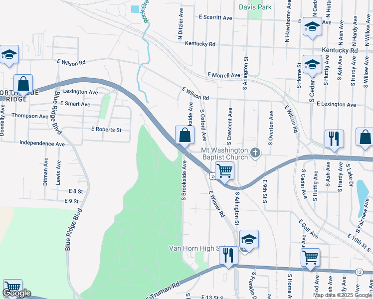 map of restaurants, bars, coffee shops, grocery stores, and more near 9338 East Winner Road in Independence