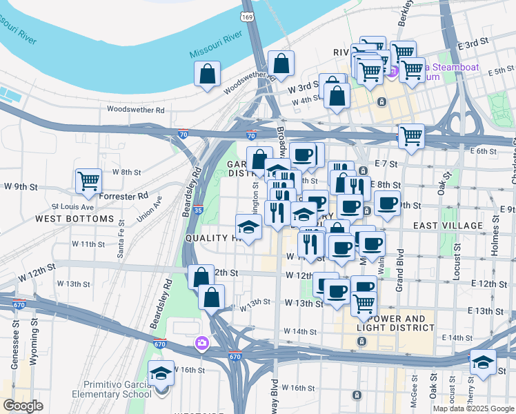 map of restaurants, bars, coffee shops, grocery stores, and more near 900 Washington Street in Kansas City