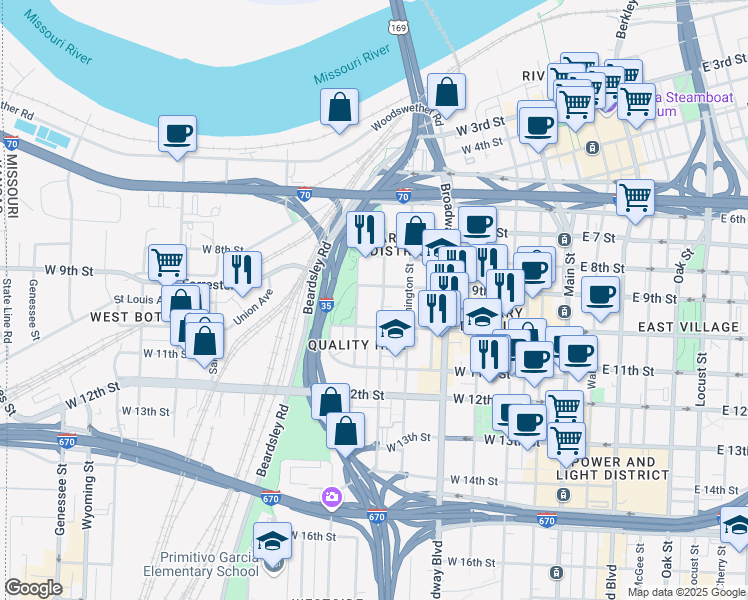 map of restaurants, bars, coffee shops, grocery stores, and more near 910 Pennsylvania Avenue in Kansas City