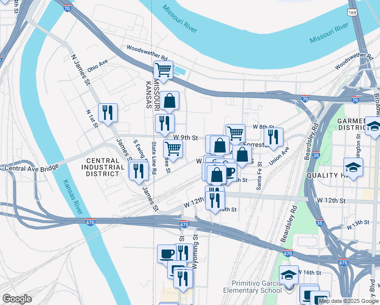 map of restaurants, bars, coffee shops, grocery stores, and more near 1524 Saint Louis Avenue in Kansas City