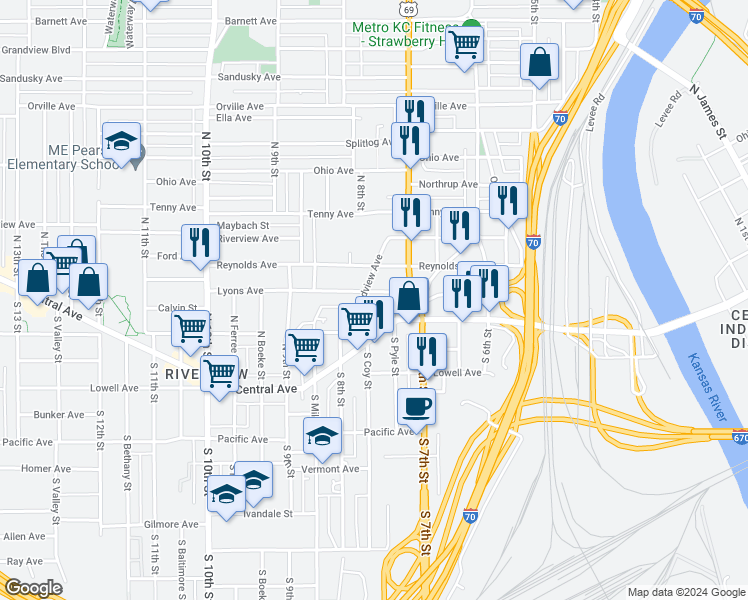 map of restaurants, bars, coffee shops, grocery stores, and more near 54 Broadview Avenue in Kansas City