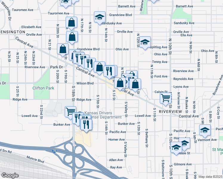 map of restaurants, bars, coffee shops, grocery stores, and more near 10 South 13 Street in Kansas City