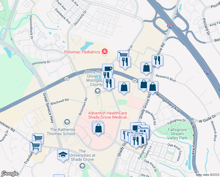 map of restaurants, bars, coffee shops, grocery stores, and more near in Rockville