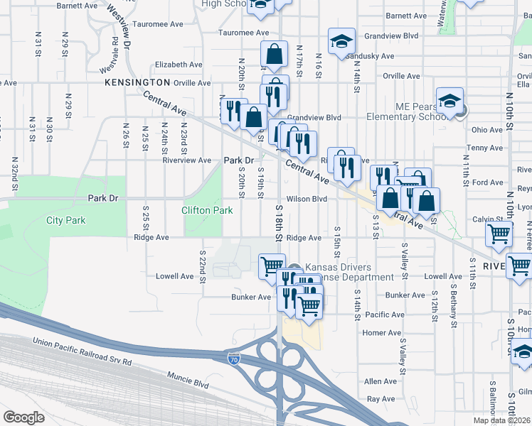 map of restaurants, bars, coffee shops, grocery stores, and more near 63 South 19th Street in Kansas City