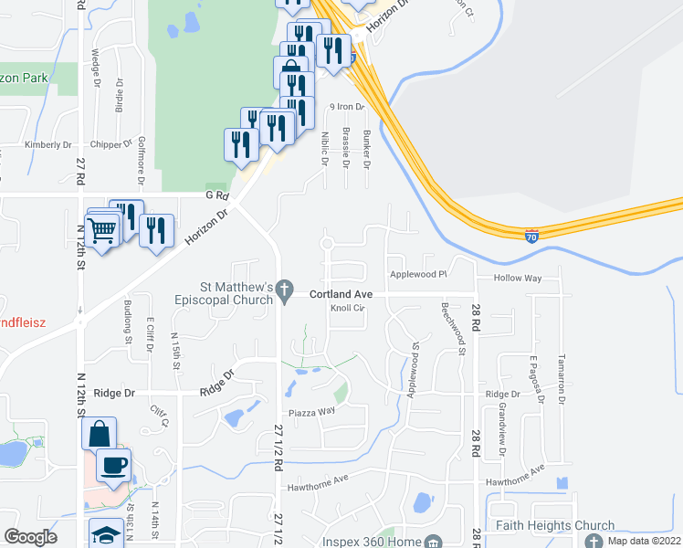 map of restaurants, bars, coffee shops, grocery stores, and more near 2298 South Seville Circle in Grand Junction