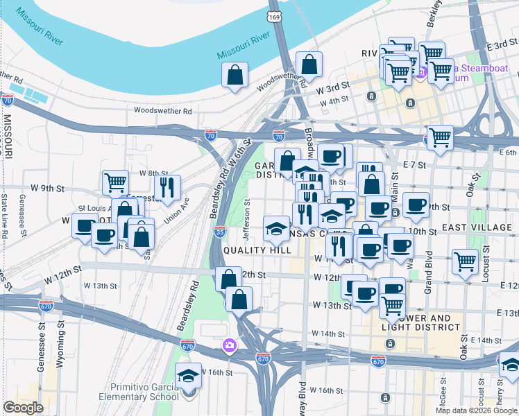 map of restaurants, bars, coffee shops, grocery stores, and more near 910 Pennsylvania Avenue in Kansas City
