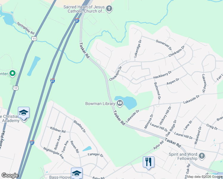 map of restaurants, bars, coffee shops, grocery stores, and more near 92 Chinkapin Drive in Stephens City