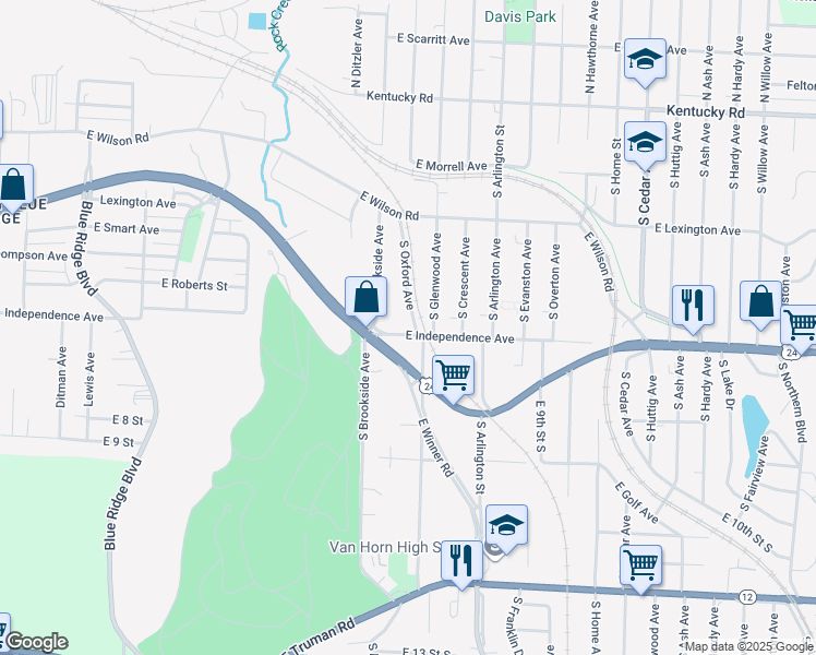 map of restaurants, bars, coffee shops, grocery stores, and more near 9316 East Independence Avenue in Independence