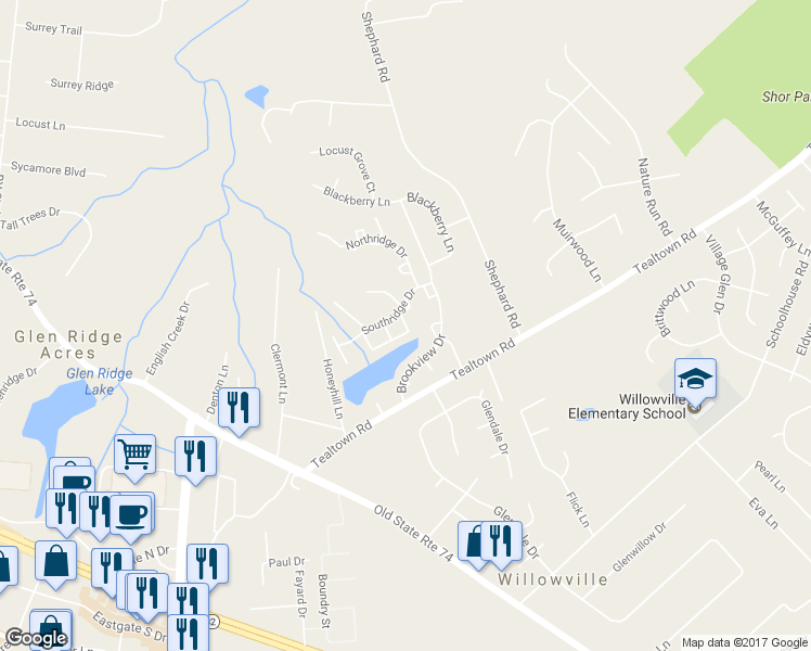 map of restaurants, bars, coffee shops, grocery stores, and more near 4599 Roxbury Circle in Batavia