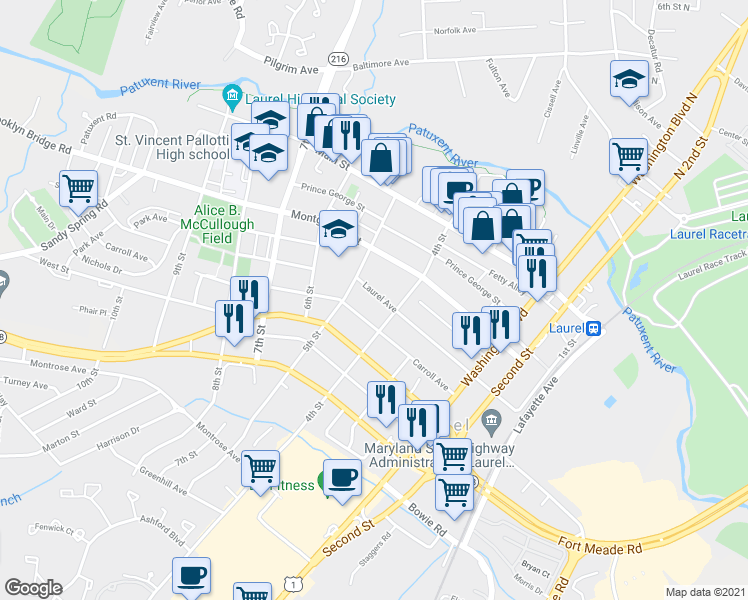 map of restaurants, bars, coffee shops, grocery stores, and more near 408 Laurel Avenue in Laurel