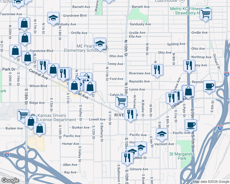 map of restaurants, bars, coffee shops, grocery stores, and more near 1024 Calvin Street in Kansas City