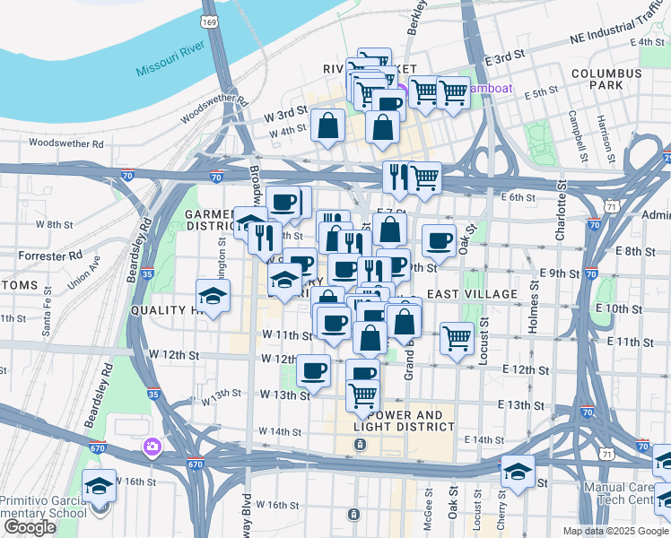 map of restaurants, bars, coffee shops, grocery stores, and more near 920 Main Street in Kansas City