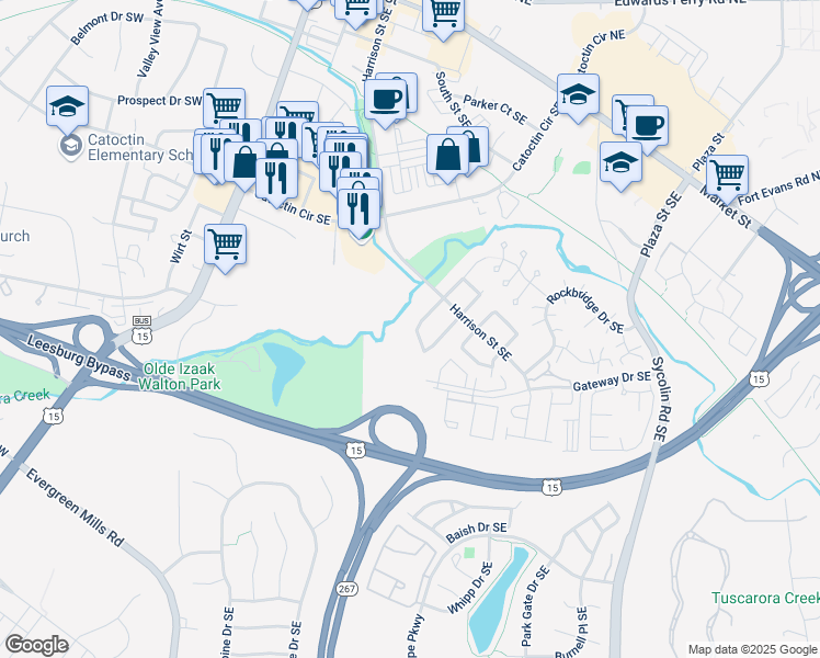 map of restaurants, bars, coffee shops, grocery stores, and more near 339 Shenandoah Street Southeast in Leesburg
