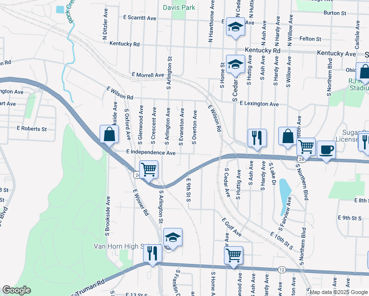 map of restaurants, bars, coffee shops, grocery stores, and more near 571 South Evanston Avenue in Independence