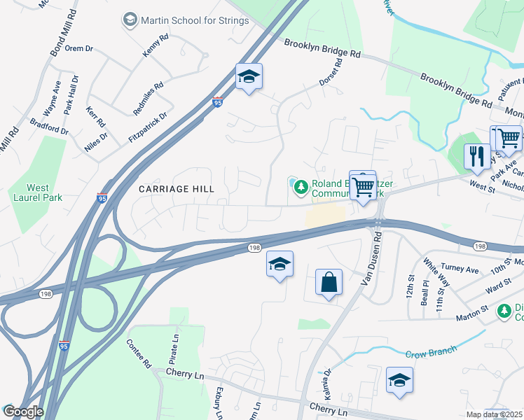 map of restaurants, bars, coffee shops, grocery stores, and more near 7407 Sandy Spring Road in Laurel