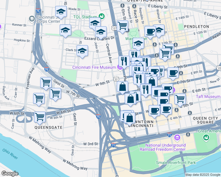 map of restaurants, bars, coffee shops, grocery stores, and more near 805 Central Avenue in Cincinnati