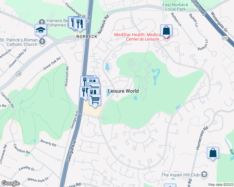 map of restaurants, bars, coffee shops, grocery stores, and more near 15115 Interlachen Drive in Silver Spring