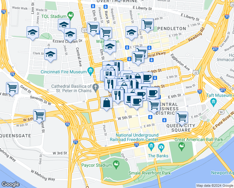 map of restaurants, bars, coffee shops, grocery stores, and more near 120 U.S. 22 in Cincinnati