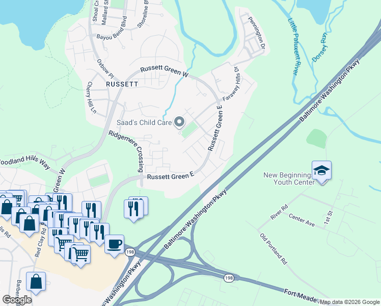 map of restaurants, bars, coffee shops, grocery stores, and more near 8307 Frostwood Drive in Laurel