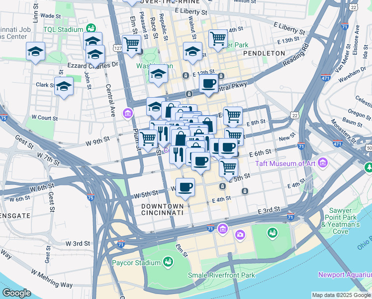 map of restaurants, bars, coffee shops, grocery stores, and more near 19 West 7th Street in Cincinnati
