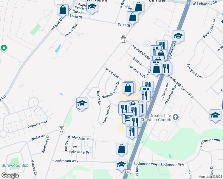 map of restaurants, bars, coffee shops, grocery stores, and more near 25 Fred Circle in Camden