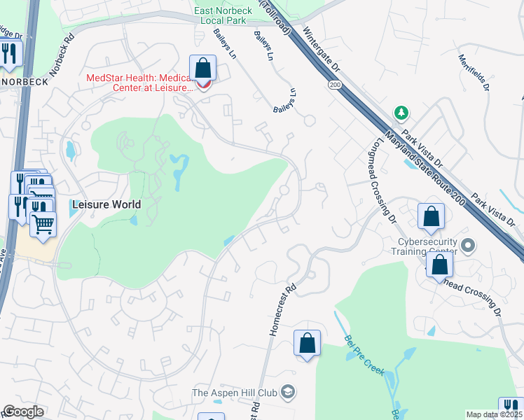 map of restaurants, bars, coffee shops, grocery stores, and more near 3005 South Leisure World Boulevard in Silver Spring
