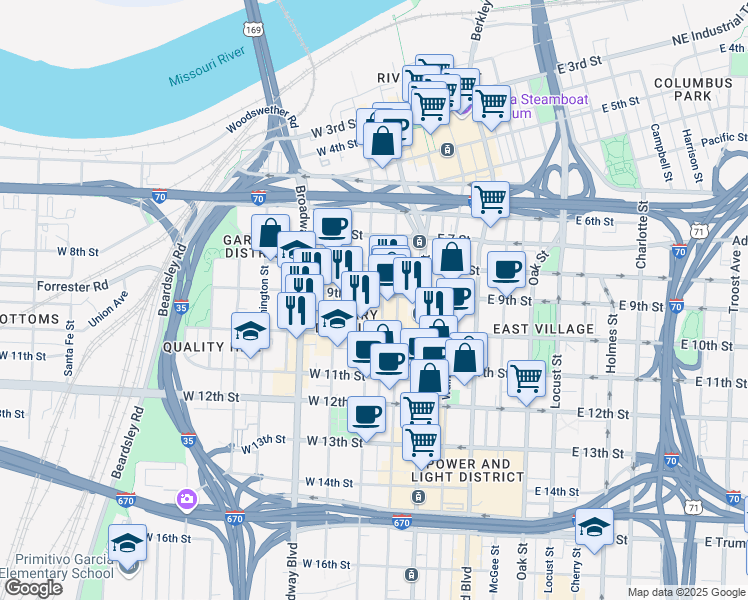 map of restaurants, bars, coffee shops, grocery stores, and more near 205W East 9th Street in Kansas City