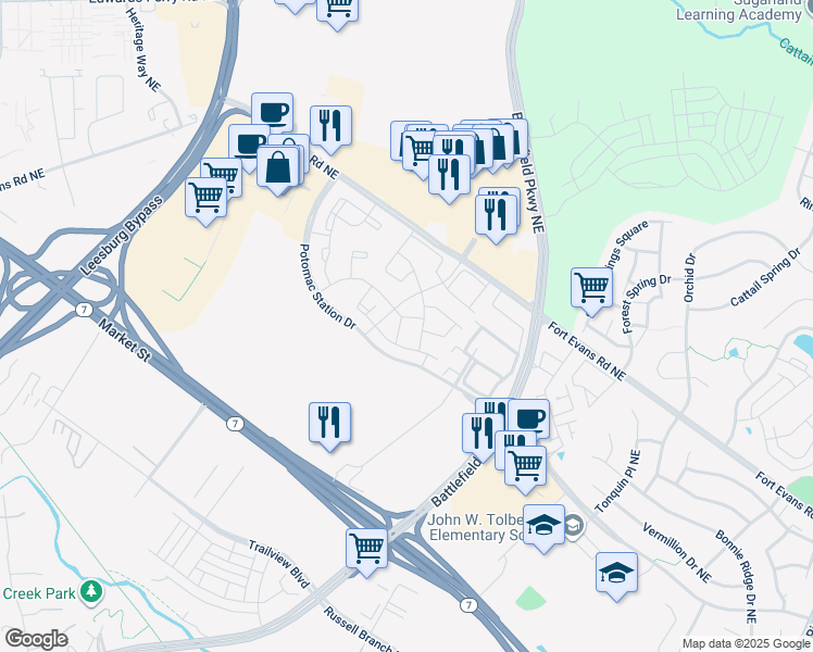 map of restaurants, bars, coffee shops, grocery stores, and more near 516 Ginkgo Terrace Northeast in Leesburg