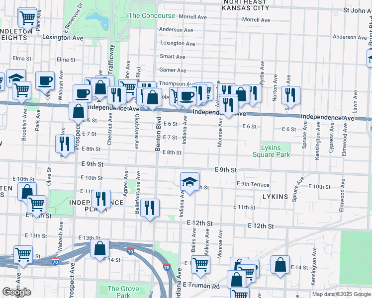 map of restaurants, bars, coffee shops, grocery stores, and more near 717 Indiana Avenue in Kansas City