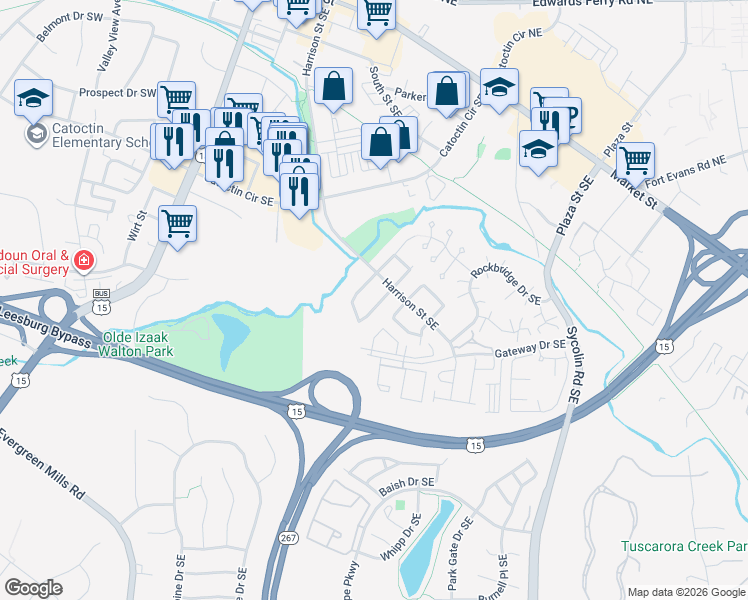 map of restaurants, bars, coffee shops, grocery stores, and more near 321 Roanoke Drive Southeast in Leesburg