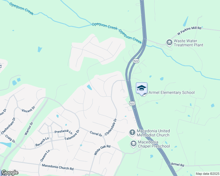 map of restaurants, bars, coffee shops, grocery stores, and more near 327 Clydesdale Drive in Stephens City