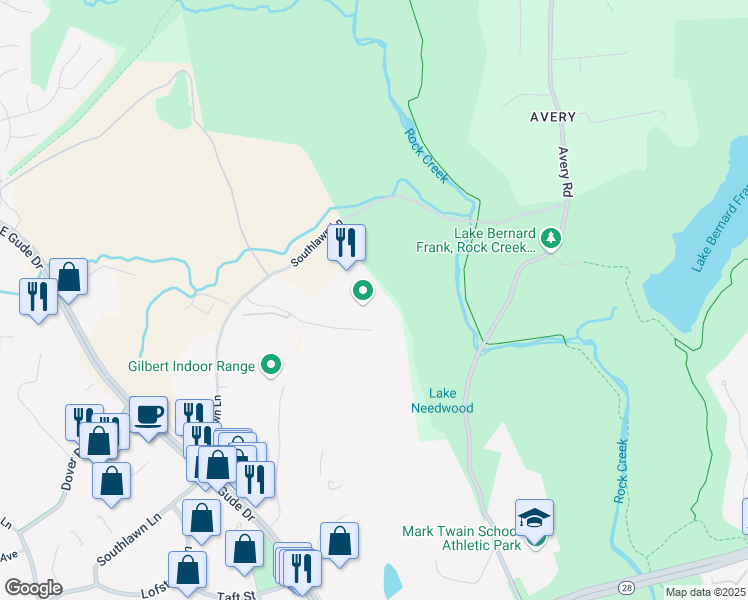 map of restaurants, bars, coffee shops, grocery stores, and more near 50 Southlawn Court in Rockville