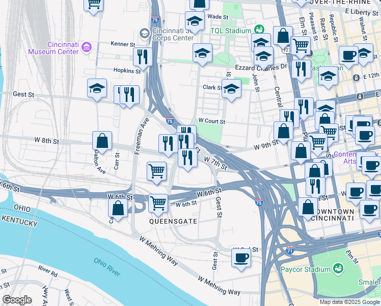 map of restaurants, bars, coffee shops, grocery stores, and more near 750 West 8th Street in Cincinnati