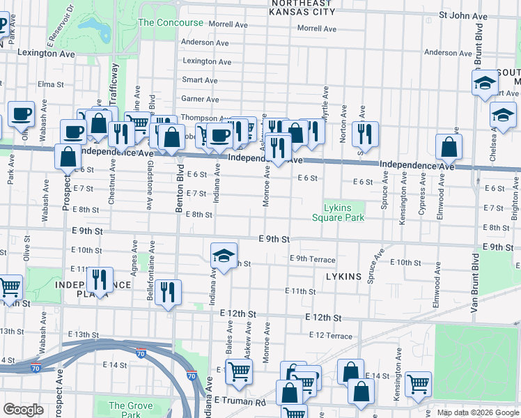 map of restaurants, bars, coffee shops, grocery stores, and more near 714 Monroe Avenue in Kansas City