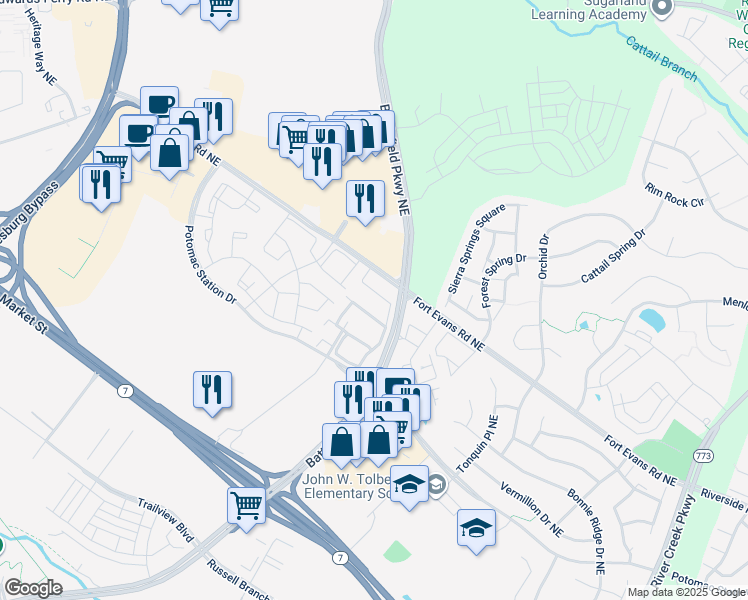 map of restaurants, bars, coffee shops, grocery stores, and more near 571 Edmonton Terrace Northeast in Leesburg