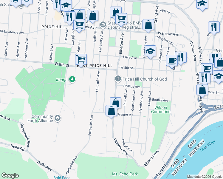 map of restaurants, bars, coffee shops, grocery stores, and more near 575 Elberon Avenue in Cincinnati