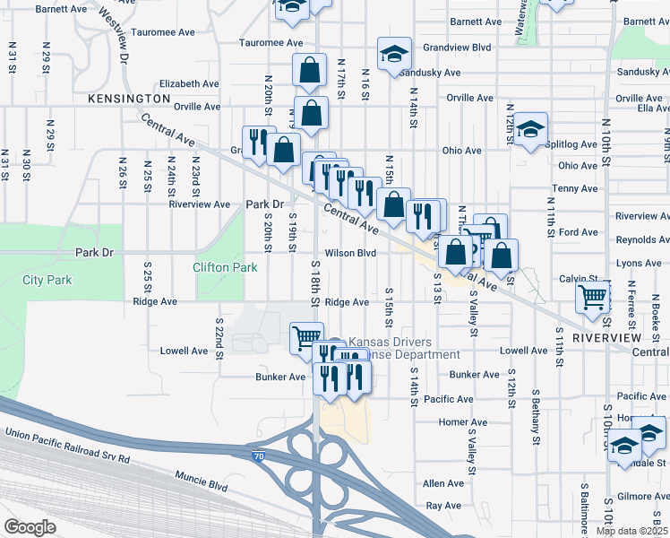 map of restaurants, bars, coffee shops, grocery stores, and more near 56 South 17th Street in Kansas City